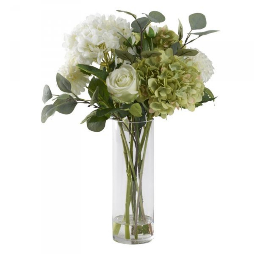 Picture of GREEN AND WHITE HYDRANGEAS WITH ROSE IN GLASS VASE