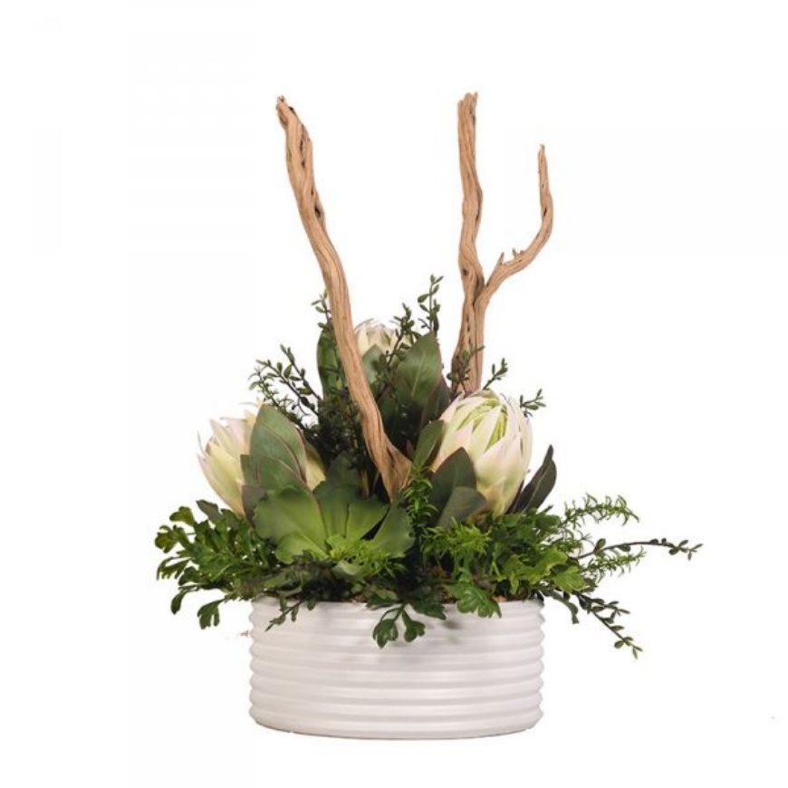 Picture of WHITE PROTEAS WITH SUCCULENTS AND GREENERY IN WHITE CERAMIC BOWL
