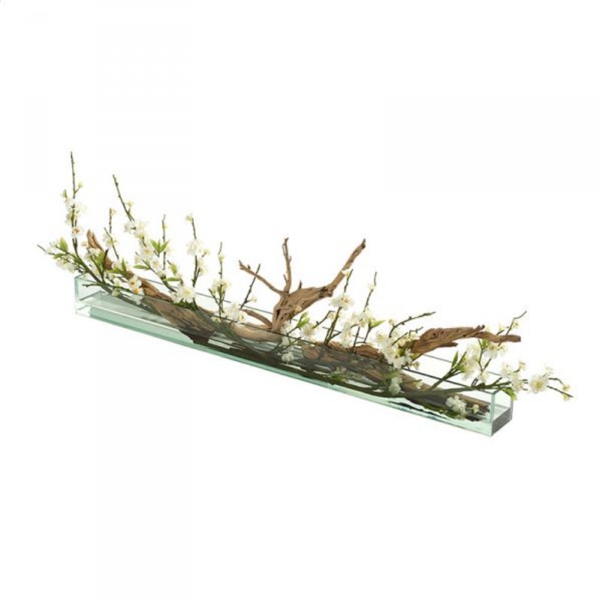 Picture of WHITE CHERRY BLOSSOM WITH GHOSTWOOD IN RECTANGLE AQUARIUM GLASS